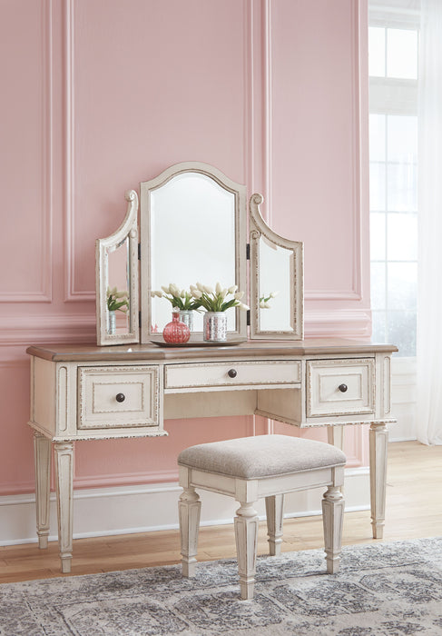 Realyn - Vanity/Mirror/Stool (Set of 3) - White / Brown / Beige