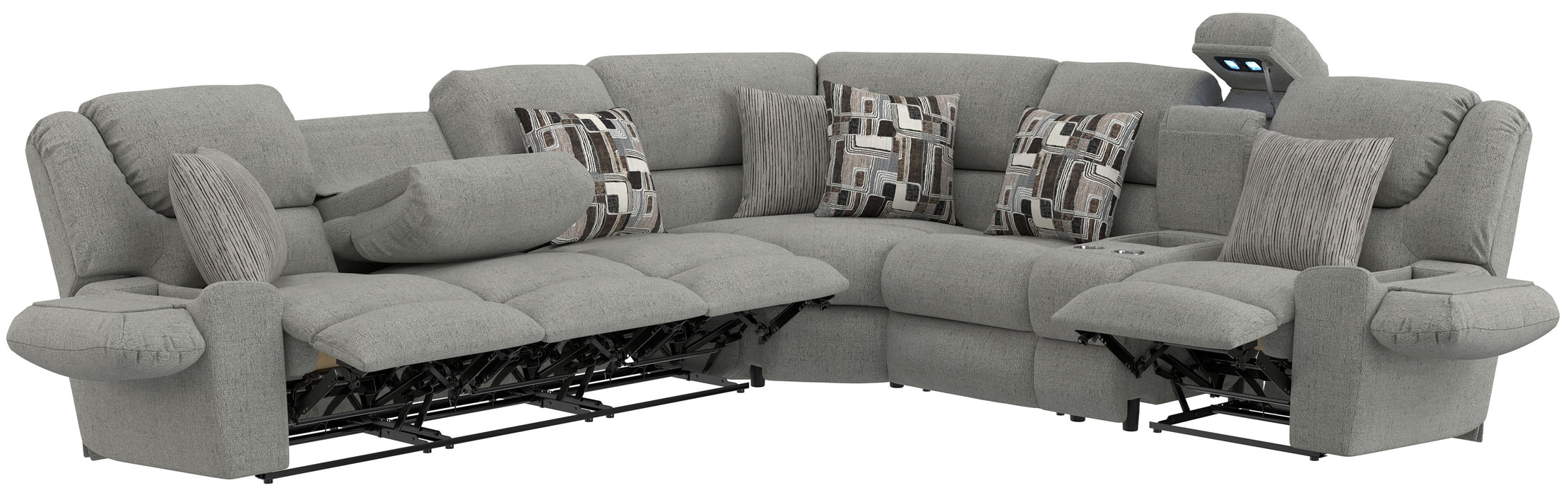 Quinn - 3 Piece Reclining Sectional With 4 Reclining Seats, Storage Arms, Storage Console With Lights, And Drop Down Table - Nature