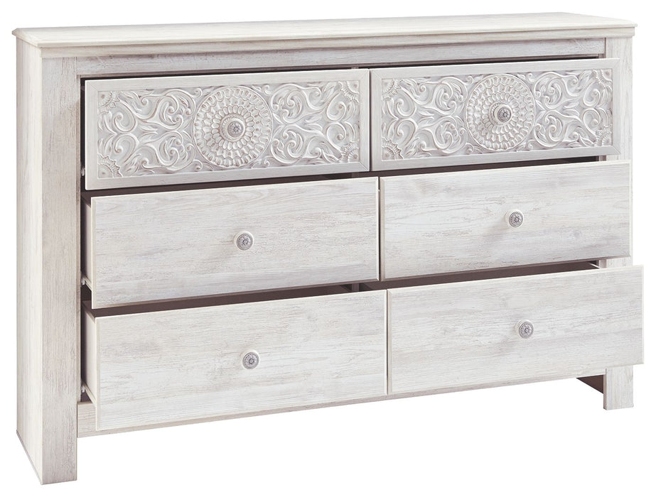 Paxberry - Six Drawer Dresser - Medallion Drawer Pulls - Whitewash